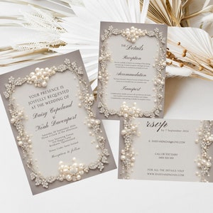 Suite élégante et modifiable de faire-part de mariage taupe, diamants et perles, lot d'invitations, faire-part de mariage, carte RSVP, carte de détails, lot d'invitations
