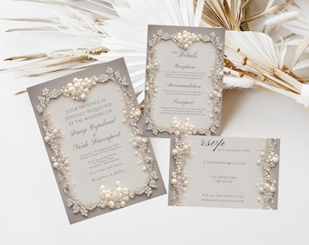 Elegant Editable Taupe Diamonds and Pearls Wedding Invitation Suite, Invitation Bundle, Wedding Invite, RSVP Card, Details Card, Invite Set