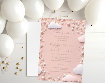 Elegant Editable Pink and White Pearl Cloud Nine Baby Shower Invitation Template, Baby Girl, Pink Shower Invite, Pink Baby Shower