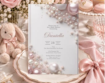 May include: A rectangular baby shower invitation card featuring the text Please join us for a Baby Shower honouring Daniella on NOV 28 2027 at 11am at The Most Beautiful Tea Room 1234 Pleasant Rd Somewhere Your Town RSVP to Imogen by 14 November 2027.