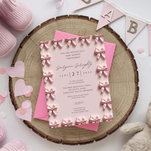 Elegant Editable Pink Mini Bow Baby Shower Invitation Template, Baby Girl, Pink Shower Invitation, Pink Baby Shower, Bow Theme