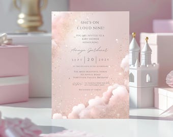 Elegant Editable Pink Glitter Cloud Nine Baby Shower Invitation Template, Pink Shower Invite, Pink Baby Shower, She&#39;s on Cloud Nine