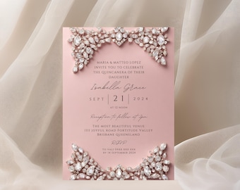 Elegant Pink with Diamonds Quinceanera Invitation Template, Modern Quince, Quince Card, Quince Invite, Quince 15 Anos, Pink Quince Theme