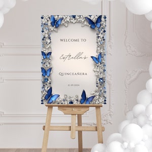 Elegante plantilla editable de letrero de bienvenida para quinceañera con mariposas azules y diamantes Q020, bienvenida para quinceañera, quinceañera joya, letrero para quinceañera
