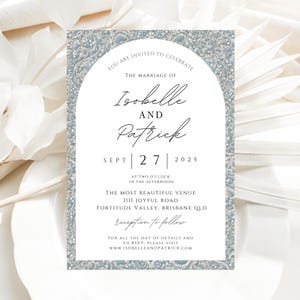 Elegant Editable Pale Blue Diamonds Arch Wedding Invitation Template Single Page W241, Diamond Invitation, Diamond Invite, Blue and Silver