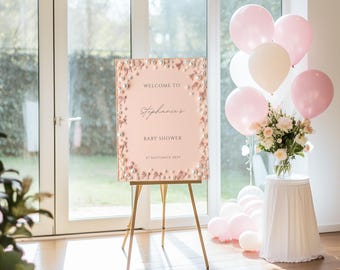 Elegant Editable Blush Pink and White Pearls Baby Shower Welcome Sign, Pearl Welcome Sign, Pearl Shower Sign, It's a Girl, Pink with Pearls