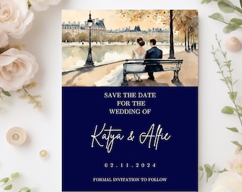 Elegant Tuileries in Love Save the Date Template Navy Classic