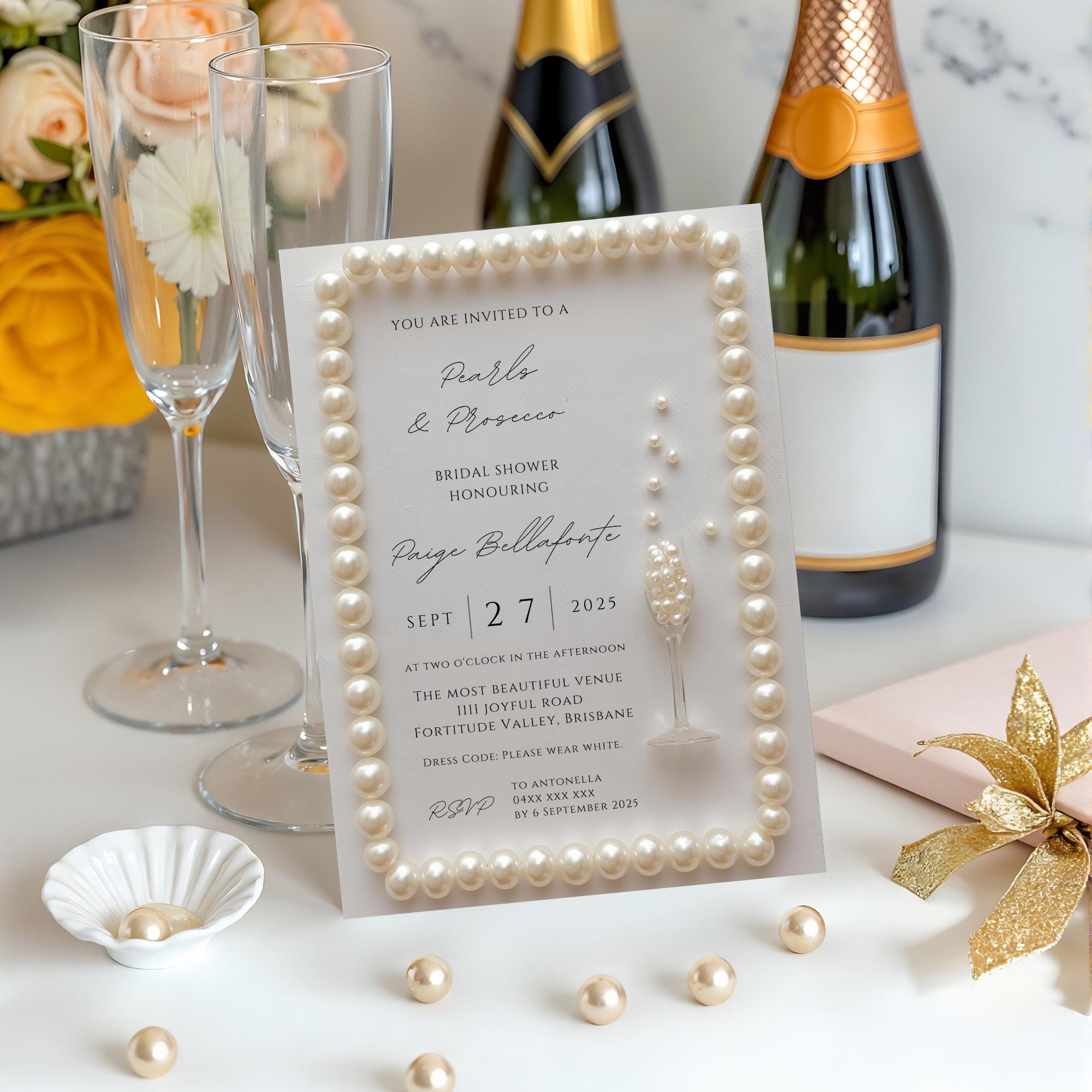 pearls and prosecco bridal shower dress code PEARLS & PROSECCO Bridal Shower Invitation  MILKY PAPERIE