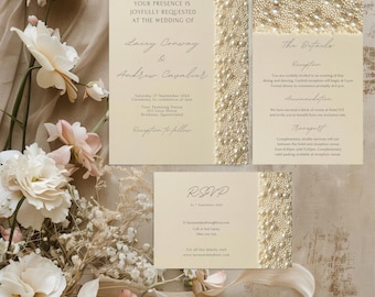 Elegant Editable Vanilla Mixed Pearls Wedding Invitation Set, Invitation Bundle, Pearl Wedding Invite, RSVP Card, Details Card