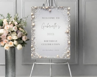 Elegant Editable Diamonds and Pearls 30th Birthday Party Welcome Sign Template AB006, Pearl Welcome Sign, Pearl Decor, Pearl Sign