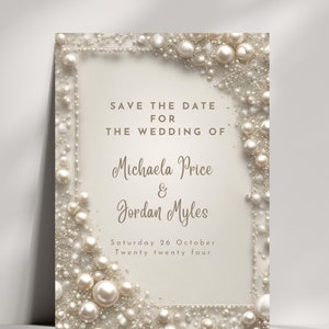 Modello elegante per Save the Date con diamanti e perle color crema, Save the Date con perle, Invito con perle, Tema perle, Decorazione con perle, Nozze con perle