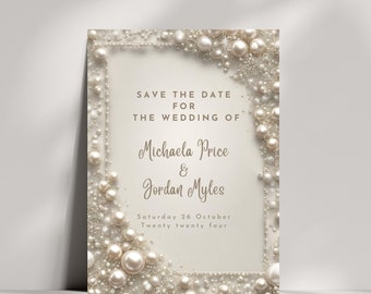 Elegant Cream Diamonds and Pearls Save the Date Invitation Template