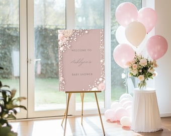 Elegant Editable Dusty Pink Floral Pearl Baby Shower Welcome Sign Template, Pearl Welcome Sign, Pink with Pearls, BS025, Pearls for Girls