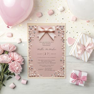 Elegant Editable Pink Diamonds and Pearls Bow Baby Shower Invitation Template, Baby Girl, Gender Reveal Baby Shower, Bow Theme, Pearl Invite