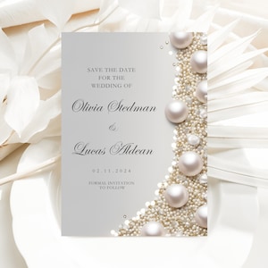 Elegant Editable Mixed Pearl Confetti Save the Date Template W150, Pearl Save the Date, Pearl Decor, White with Pearls, Pearl Invite