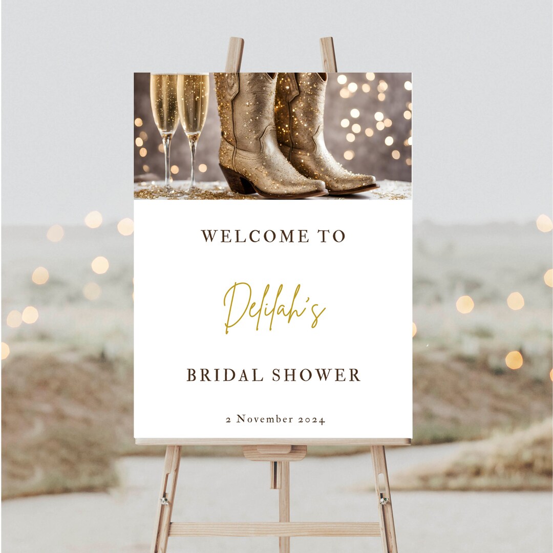 Glittery Gold Boots and Bubbly Bridal Shower Welcome Sign Template W071 ...