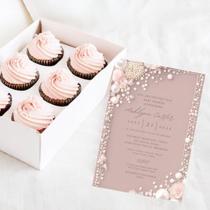 Elegant Editable Dusty Pink Floral Pearl Baby Shower Invitation Template, Baby Girl, Pink Shower Invitation, Pink Baby Shower, Gender Reveal