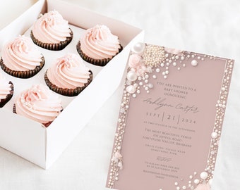Elegant Editable Dusty Pink Floral Pearl Baby Shower Invitation Template, Baby Girl, Pink Shower Invitation, Pink Baby Shower, Gender Reveal