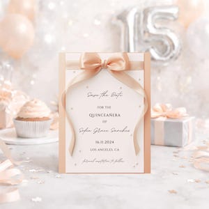 May include: A formal quinceañera invitation with a peach bow and ribbon. The text reads "Save the Date" for Sofia Grace Sanchez, with the date 16.11.2024 and location Los Angeles, CA. The invitation is decorated with small pearl accents.