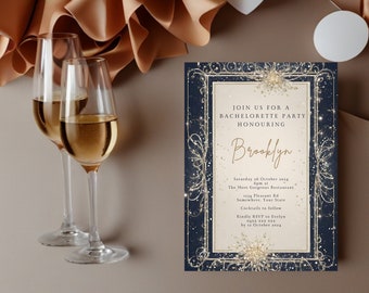 Elegante plantilla de invitación a despedida de soltera con cristales dorados de medianoche W098, invitación a despedida de soltera, despedida de soltera