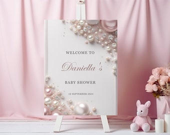 Elegant Editable Pink and White Pearls with Diamonds Baby Shower Welcome Sign, Pearl Welcome Sign, Pearl Shower Sign, It's a Girl