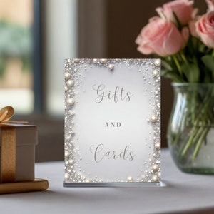 Elegante bearbeitbare Diamanten und Perlen Hochzeit Empfang Geschenke und Karten Schild Vorlage W096, Geschenktischschild, Wunschbrunnenschild