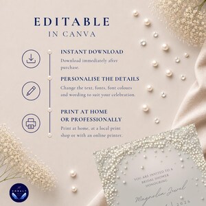 Puede incluir: Una plantilla digital para una invitaci&oacute;n de despedida de soltera con un borde adornado con perlas. El texto dice EDITABLE IN CANVA, INSTANT DOWNLOAD, PERSONALIZE THE DETAILS y PRINT AT HOME OR PROFESSIONALLY. La invitaci&oacute;n incluye el texto YOU ARE INVITED TO A BRIDAL SHOWER HONOURING Magnolia Jewel.