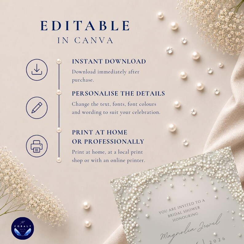 Puede incluir: Una plantilla digital para una invitaci&oacute;n de despedida de soltera con un borde adornado con perlas. El texto dice EDITABLE IN CANVA, INSTANT DOWNLOAD, PERSONALIZE THE DETAILS y PRINT AT HOME OR PROFESSIONALLY. La invitaci&oacute;n incluye el texto YOU ARE INVITED TO A BRIDAL SHOWER HONOURING Magnolia Jewel.