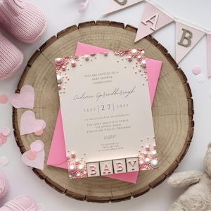 Elegant Editable Pastel Pink and White Pearls Baby Shower Invitation Template, Baby Girl, Pink Shower Invitation, Pink Baby Shower