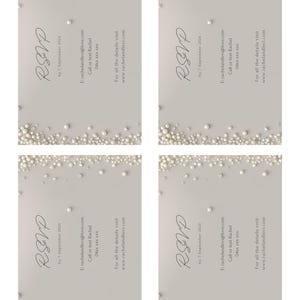 May include: Four RSVP cards with a pearl-like design. Each card has the text "RSVP" in a script font, followed by "by 7 September 2024". The cards also include contact information for Rachel, including her email address and phone number. The text "For all the details visit www.rachelandlevi.com" is at the bottom of each card.