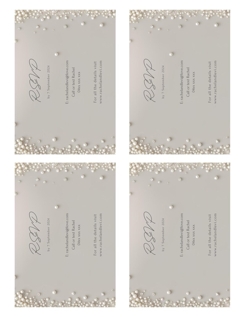 May include: Four RSVP cards with a pearl-like design. Each card has the text "RSVP" in a script font, followed by "by 7 September 2024". The cards also include contact information for Rachel, including her email address and phone number. The text "For all the details visit www.rachelandlevi.com" is at the bottom of each card.