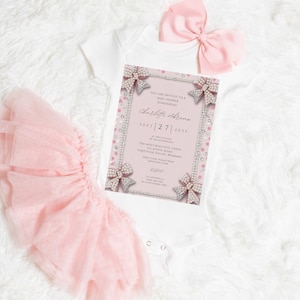 Elegant Editable Musk Pink Pearl Bow Baby Shower Invitation Template, Baby Girl, Pink Shower Invitation, Pink Baby Shower, Bow Theme