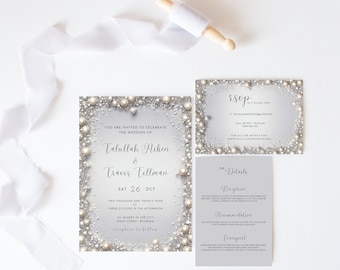 Elegant Editable Diamonds and Pearls Wedding Invitation Suite, Invitation Bundle, Pearl Wedding Invite, RSVP Card, Details Card