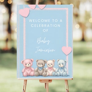 Cute Blue and Pink Teddy Bears Baby Shower Welcome Sign Template, Gender Reveal, It&#39;s a Girl, It&#39;s a Boy, Baby Shower Sign