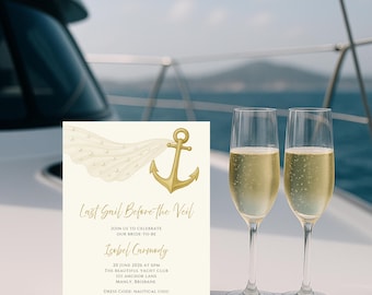 Elegant Editable Gold Last Sail Before the Veil Bachelorette Party Invitation Template W510, Nautical Theme, Yacht Party