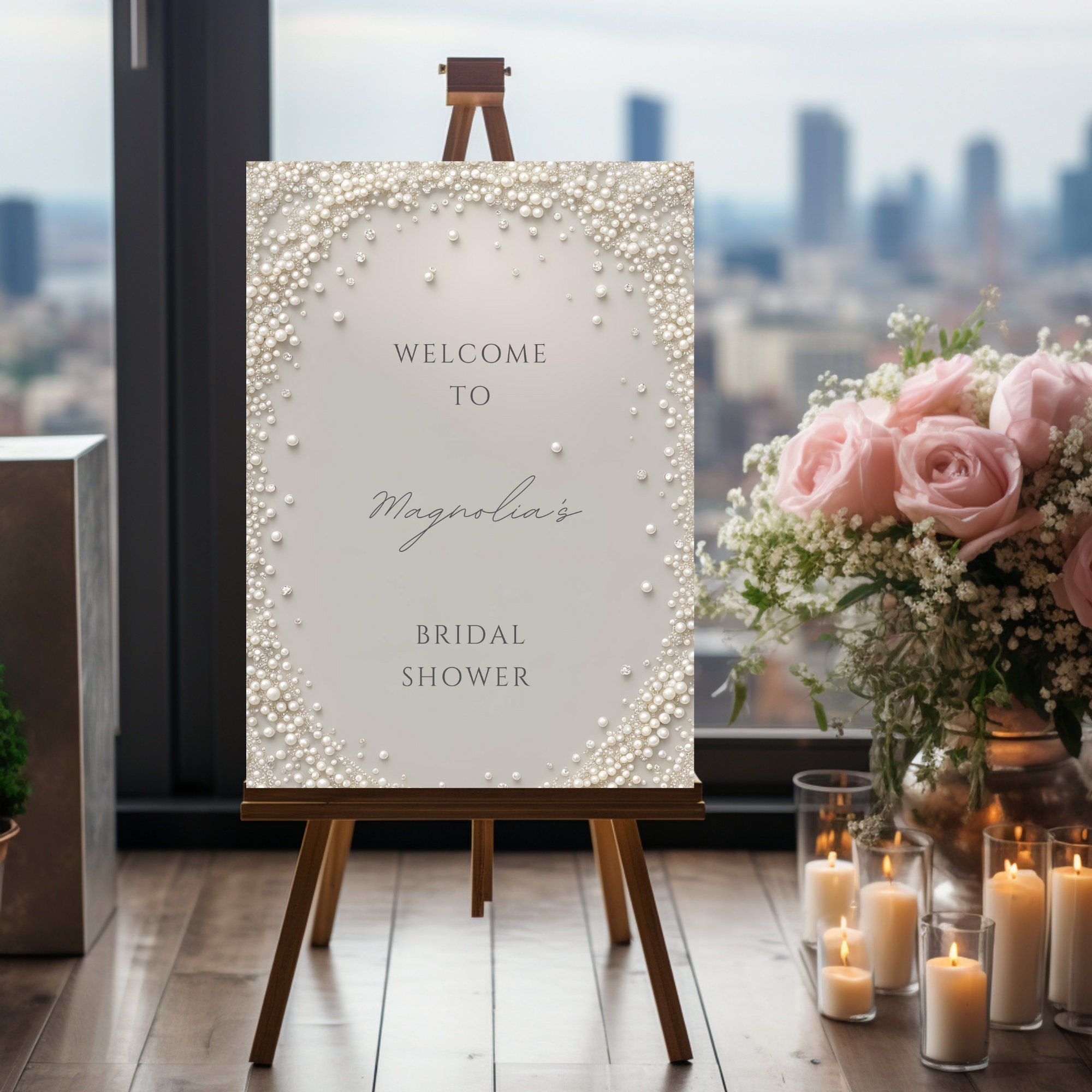 Elegant Editable Pastel Blush Mini Pearl and Diamonds Bridal Shower Welcome Sign Template W166, Pearl Bridal Shower, Diamonds and Pearls