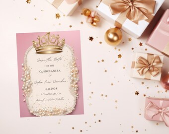 Elegant Editable Pink Pearl Princess Quinceañera Save the Date Template, Modern Quinceañera, Quince Invite, Quince 15 Anos, Pearl Quince