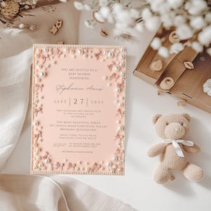 Elegant Editable Blush Pink Pearls and Bows Baby Shower Invitation Template, Baby Girl, Pink Invitation, Pink Baby Shower, It’s a Girl