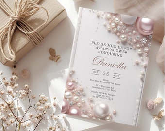 Elegant Editable Pink and White Pearls with Diamonds Baby Shower Invitation Template, Baby Girl, Pink Shower Invitation, Pink Baby Shower