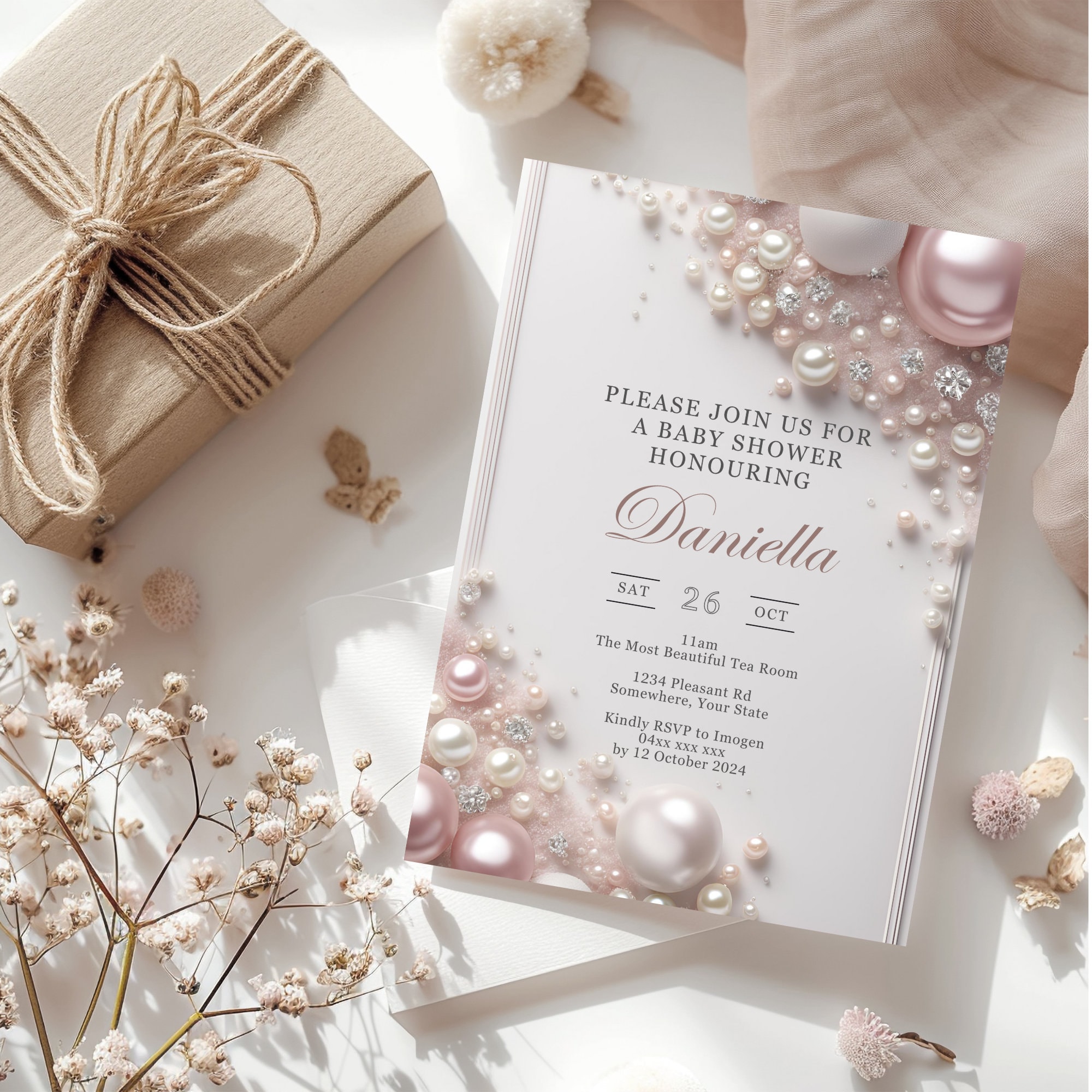 Elegant Editable Pink and White Pearls with Diamonds Baby Shower Invitation Template, Baby Girl, Pink Shower Invitation, Pink Baby Shower