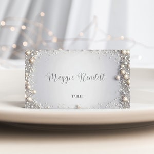 Elegante bewerkbare diamanten en parels bruiloft receptie plaatskaarten W104, naamkaartjes, zitplaatskaartjes