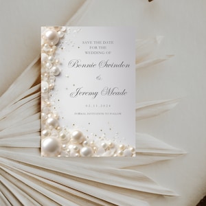Elegante plantilla editable para guardar la fecha con confeti de perla blanca W151, guardar la fecha con perla, decoración con perla, blanco con perlas, invitación con perla,