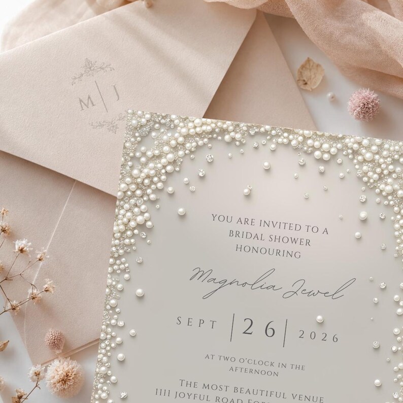 Puede incluir: Una tarjeta de invitaci&oacute;n para una despedida de soltera con fondo color crema y un borde de perlas blancas y cristales transparentes. El texto dice: You are invited to a bridal shower honouring Magnolia Jewel, Sept 26 2026, at two o'clock in the afternoon.