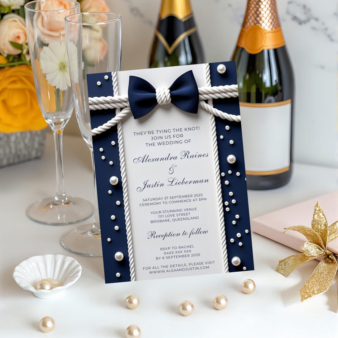 Invitation Cards Using Ropes Elegant Editable Nautical Pearl Rope Bow Tie Single Page Wedding ...