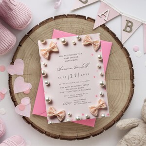 Elegant Editable Pastel Pink Pearl Bow Baby Shower Invitation Template, Baby Girl, Pink Shower Invitation, Pink Baby Shower, Bow Theme
