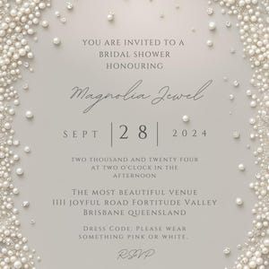 Editable Canva Template Bridal Shower Invitation Design Printable Digital Download Instant Access Pearl Diamond Theme Elegant Pastel Blush Pink Card 5x7 Size Easy Customization Options Wedding Celebration Announcement Beautiful