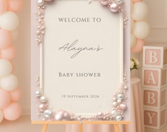 Elegant Editable Blush Pink and White Pearls Baby Shower Welcome Sign, Pearl Welcome Sign, Pearl Shower Sign, It's a Girl, Pink with Pearls