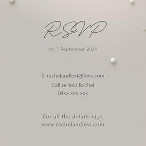 May include: RSVP card with a pearl border. The text reads "RSVP by 7 September 2024" and includes contact information for Rachel.