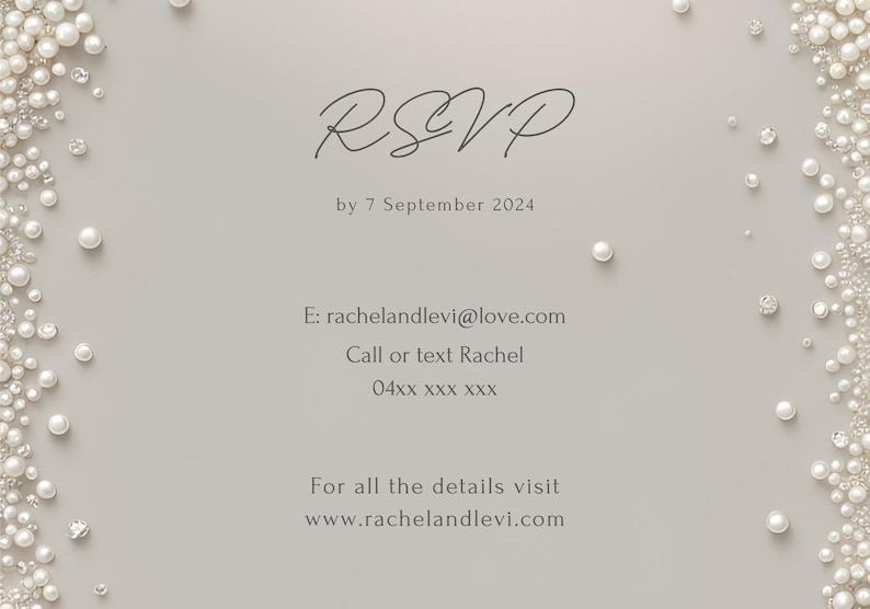 May include: RSVP card with a pearl border. The text reads "RSVP by 7 September 2024" and includes contact information for Rachel.