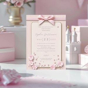 Elegant Editable Pink Pearls and Daisies Bow Baby Shower Invitation Template, Baby Girl, Pink Shower Invitation, Pink Baby Shower, Bow Theme